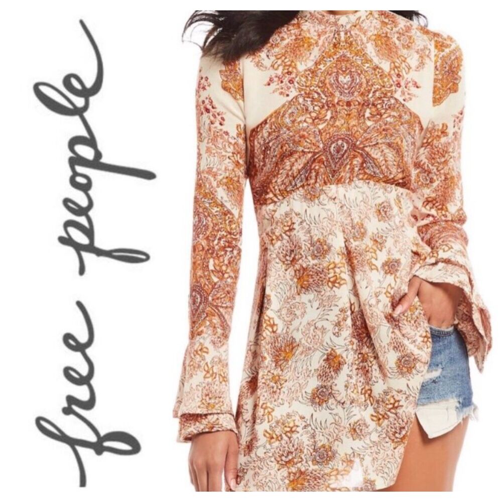 Free People Cream & Rust Paisley Long-Sleeve Tunic Top
